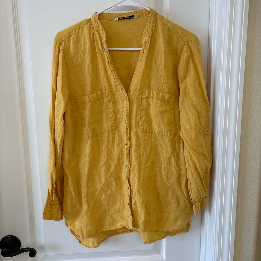 Zara S Mustard Yellow 100% Linen Button Front Shirt Blouse Made in Spain